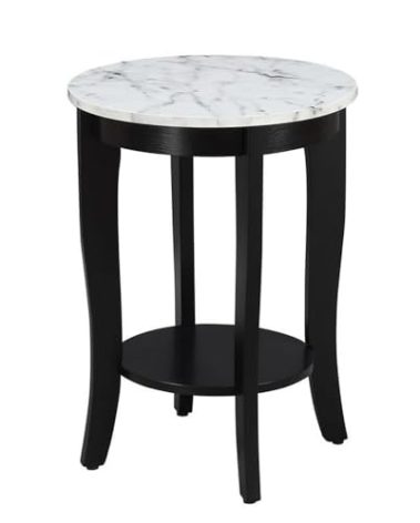 Convenience Concepts American Heritage Round End Table, White Faux Marble / Black