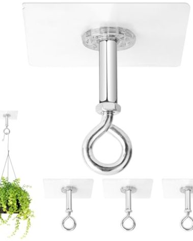 Adhesive Ceiling Hooks 4 Pack, Hold 25lbs, Extra Heavy Duty for Hanging Plants, Adhesive Stick On Outdoor Ceiling Hanger, No Drill & No Screw Stainless Steel Sticky Eyes Hooks