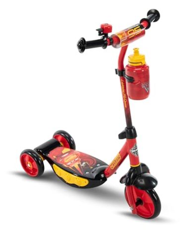 Huffy Disney Pixar Cars Preschool Scooter with Lights, Bell, and Water Bottle, Superhero Red