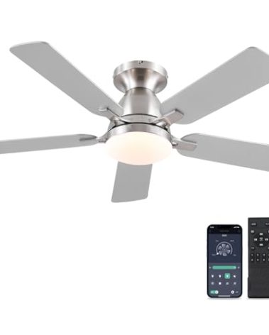Mpayel Ceiling Fans with Lights and Remote/APP Control,46" Flush Mount Ceiling Fan Dimmable DC Motor，Low Profile Ceiling Fan for Bedroom,Living Room,Brushed Nickel
