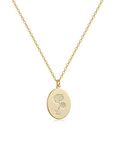 Fremttly Oval Coin Pendant Necklace 12 Month Birth Flower Disc Necklace 14K Real Gold Dainty Personalized Gift-10