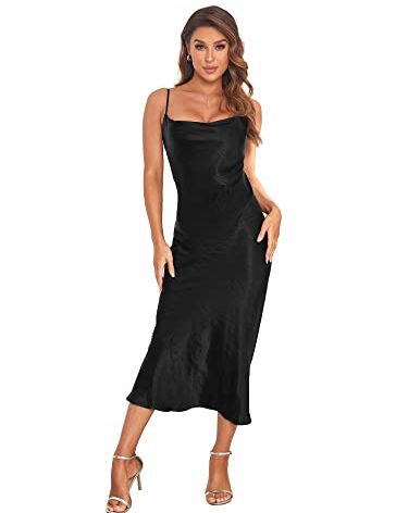 Women's Spaghetti Strap Midi Satin Silk Dresses Slip Cowl Neck Party Cocktail Evening Sexy Dress Black