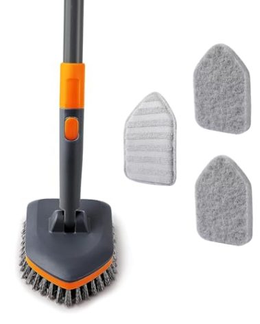 CLEANHOME Tile Tub Scrubber Brush with 3 Different Function Cleaning Heads and 56" Extendable Long Handle-No Scratch Shower Scrubber for Cleaning Bathroom Kitchen Toilet Wall,Bathtub,Sink,Grey