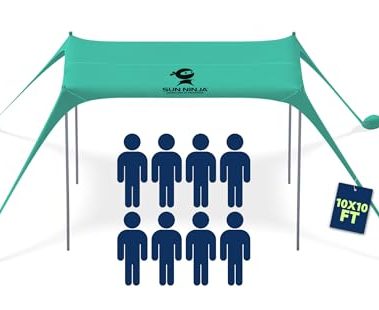 SUN NINJA Beach Tent Sun Shelter UPF50+ - Easy Pop Up Beach Canopy - Outdoor Shade for Camping Trips, Fishing, Backyard Fun Picnics - Sand Shovel, Ground Pegs & Stability Poles