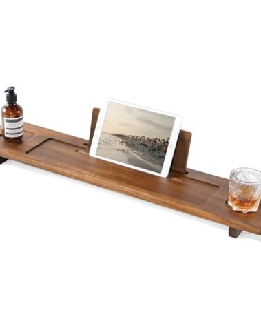 Walnut Bathtub Tray Caddy - 35" Wide Adjustable for Freestanding Tubs, Non-Slip Phone/Wine Holder