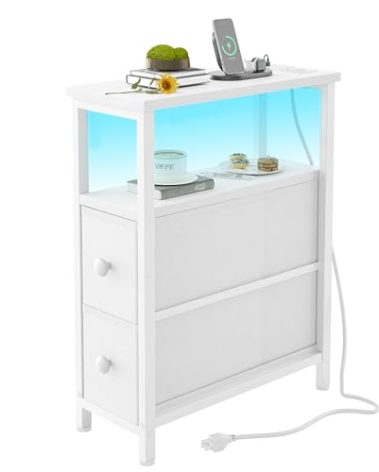 TIQLAB End Table with Charging Station, Narrow Side Table with 2 Fabric Drawers, Nightstand with LED Light, Slim Bedside Table for Bedroom, Living Room, Small Spaces, White