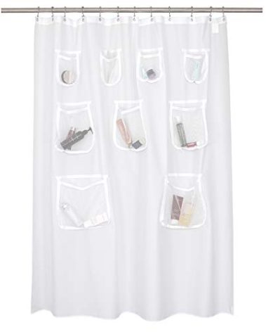 N&Y HOME Water Repellent Fabric Shower Curtain or Liner with 9 Mesh Pockets - White, 71x72 Inches