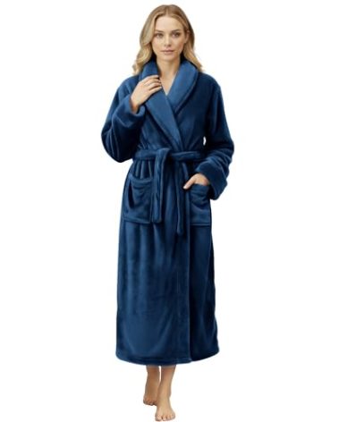 NY Threads Premium Womens Robe, Plush Fleece Long Bath Robe for Women, Fluffy Soft Women's Bathrobe, Medium, Navy