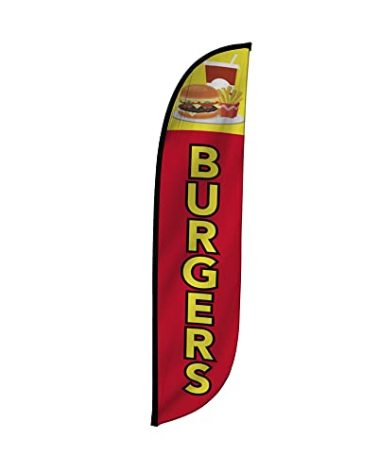 LookOurWay Feather Flag Banner - 12 Feet Tall Advertising Flags for Outdoor Business and Events Promotion - Swooper Flag Only - Food & Restaurant Flags - Burgers (10M1200133)