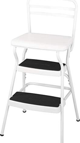 COSCO Stylaire Retro Chair + Step Stool with Flip-Up Vinyl Seat, White