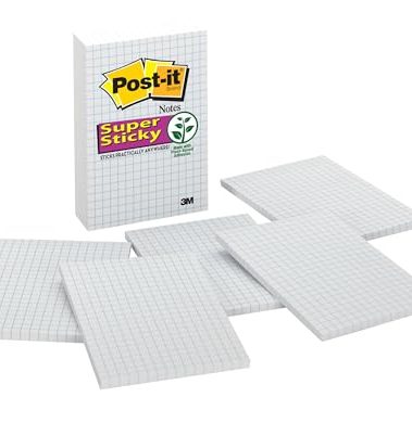 Post-it Super Sticky Notes, 4x6 in, 3 Pads, 2X The Sticking Power, White with Blue Grid Lines, Recyclable (660-SSGRID)