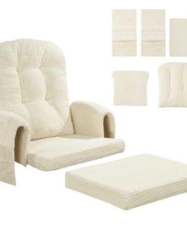 MABOZOO 5 PCS Corduroy Glider Rocker Replacement Cushions with Storage Side Pocket,Foam & Microfiber Filling, Non-Slip & Washable,Thickened & Supportive Rocking Chair Cushion Set(Beige)