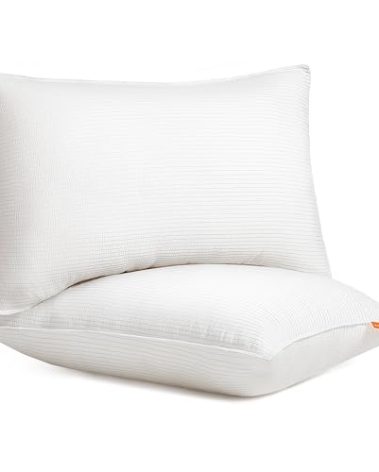 SONGMICS HOME Bed Pillows Queen Size Set of 2, Down Alternative Hotel Pillow, Skin Friendly Viscose Cooling Seersucker Cover, for Back, Stomach, Side Sleepers,White UTBP032W01