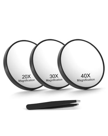 Macaki 20X/30X/40X Magnifying Mirror with Suction Cups and Tweezers Set, 3.5 inches Travel Magnified Makeup Mirror, Black, 3PCS