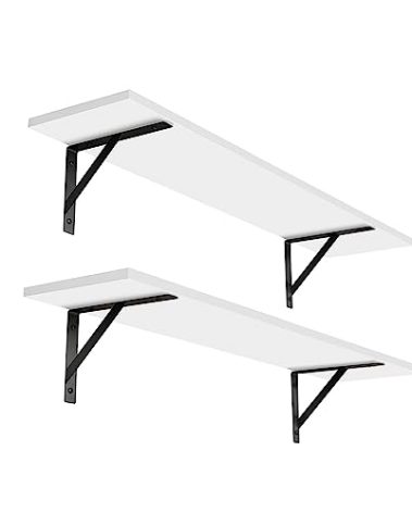 DINZI LVJ Long Wall Shelves, 31.5 x 7.9 x 6.1 Inches, Set of 2 White Floating Shelves, Easy-to-Install, Large Storage Ledges with Sturdy Metal Brackets for Living Room, Bathroom, Bedroom, Kitchen