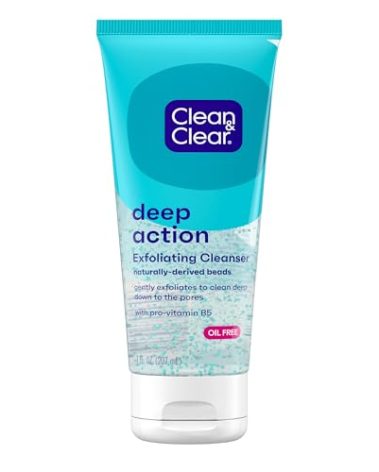 Clean & Clear Deep Action Exfoliating Facial Cleanser, Scrub & Face Wash, Pro-Vitamin B5, Lactic & Glycolic Acids, Oil-Free Gentle Daily Exfoliator for Soft, Smooth, Hydrated Skin, Vegan, 7 Fl Oz Tube