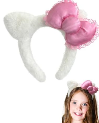Kobataro Kitty Headband Cat Ears Pink Bow White Hair Accessories Kitty Christmas Gifts (Pink)