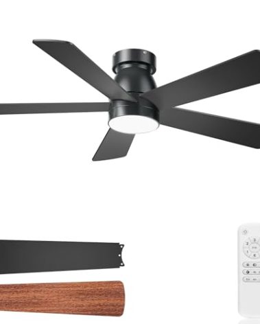 AKOFUN Ceiling Fans with Lights, 48 inch Low Profile Ceiling Fan with Light and Remote Control, Flush Mount, Reversible, 3CCT, Noiseless, Modern Black Ceiling Fan for Bedroom, Indoor/Outdoor Use