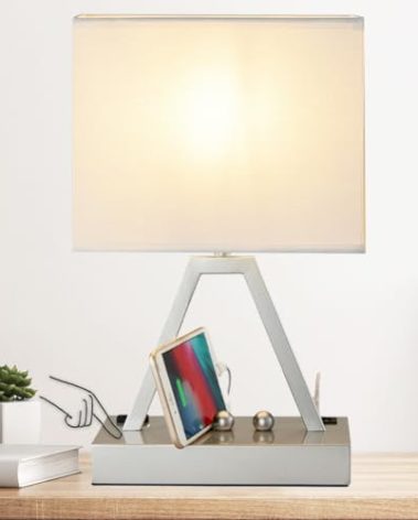 Briever Touch Control Table Lamp, 3-Way Dimmable Desk Lamp with USB C & A and AC Outlet, Bedside Lamp with Phone Stand and Fabric Shade for Bedroom, Living Room, Bulb Included, Silver