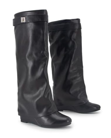 GOGD Fold Over Boots Women's Knee high Shark Boots Pointed Toe Wedge Heel Flat Shoes For Fall Winter Dress Shoes