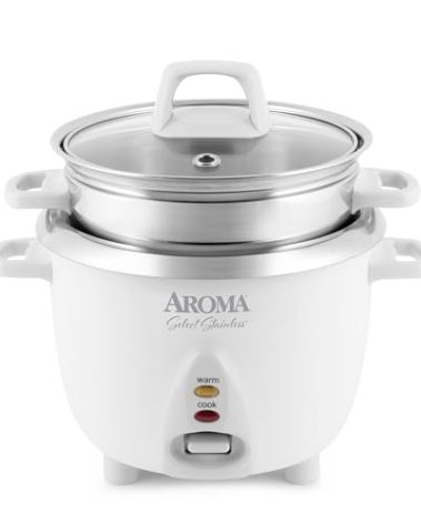 Aroma Housewares 6-Cup (Cooked yield ) / 1.2Qt. Select Stainless Pot-Style Rice Cooker, & Food Steamer, One-Touch Operation, White