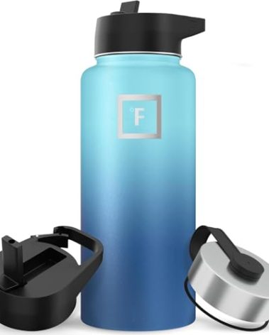 IRON °FLASK Camping & Hiking Hydration Flask with Straw, Wide Mouth Insulated Stainless Steel Sports Water Bottle - 32 oz Blue Waves