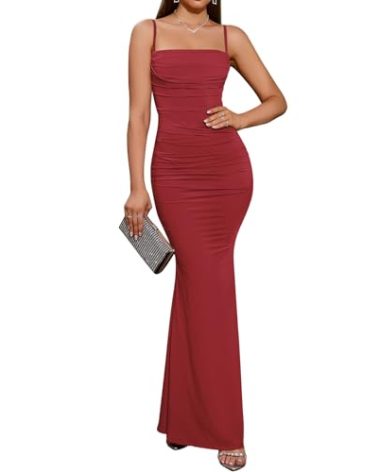 EYNMIN Women's Sleeveless Bodycon Corset Maxi Dress Spaghetti Strap Ruched Elegant Evening Wedding Guest Long Formal Dresses Red M