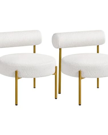 Yaheetech Boucle Accent Chair, Modern Tufted Vanity Chair, Cozy Sherpa Barrel Chair with Gold Legs, Club Chair for Living Room Bedroom Vanity Room Home Office, 2pcs, White
