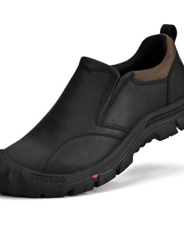 UPIShi Men's Waterproof Slip On Leather Hiking Outdoor Walking Casual Loafers Work Shoes Black 10