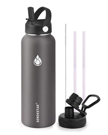 SENDESTAR Stainless Steel Water Bottle, Wide Mouth Water Bottle 40 oz with Straw Lid, Spout Lid, Double Wall Vacuum Insulated Leak Proof, Keeps Liquids Hot or Cold (Gray)