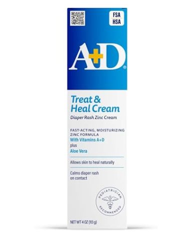 A+D Zinc Oxide Diaper Rash Treatment Cream, Dimethicone 1%, Zinc Oxide 10%, Easy Spreading Baby Rash Cream, 4 Ounce Tube (Packaging May Vary)