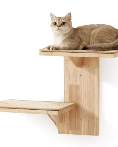 FUKUMARU Cat Wall Shelves, 2 Platform Kitten Wall Furniture, Tree Shape Wall-Mounted Floating Shelf with Sisal Mat, Solid Rubber Wood Cats Perch for 16 Inch Drywall, Suitable for Climb, Play, Nap