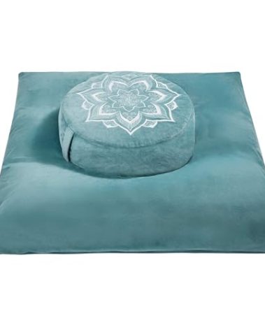 hunnidspace Meditation Zafu Cushion Set with Buckwheat Hulls & Memory Foam - Ergonomic Support for Yoga & Sitting - Removable Machine-Washable Luxury Velvet Cover - for Adults and Kids (Green)