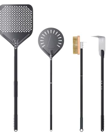 4 Piece Pizza Oven Kit, 9 Inch Turning Peel, 12 Inch Perforated Pizza Peel, Oven Brush and Ash Rake, Wood Burning Commercial Oven Accessoires for Home, Restaurant