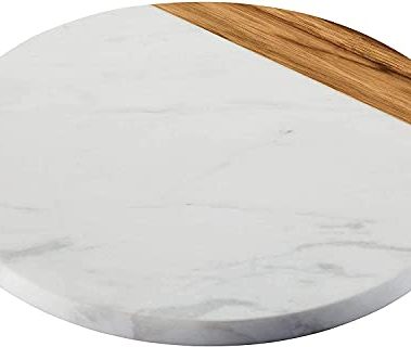 KC KULLICRAFT White Marble Board - Cheese Board | Acacia Wooden Serving Tray For Charcuterie, Cheese, Meats, Fruit, Crackers | Cutting Board, Serving Tray, Round Slab 10 Inches.