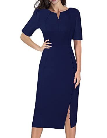 VFSHOW Womens Pleated Notch V Neck Buttons Split Work Office Business Slim Bodycon Pencil Sheath Midi Navy Blue Dress 10245 BLU XL