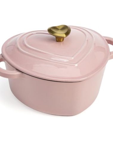 Paris Hilton Enameled Cast Iron Dutch Oven Heart-Shaped Pot with Lid, Dual Handles, Works on All Stovetops, Oven Safe to 500°F, 2-Quart, Pink