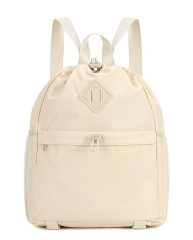 WANDF Drawstring Backpack for Women, Lightweight Gym Bag with Yoga Mat Strap, Water-Resistant String Backpack with Mesh Pocket (Beige, Patent Pending)