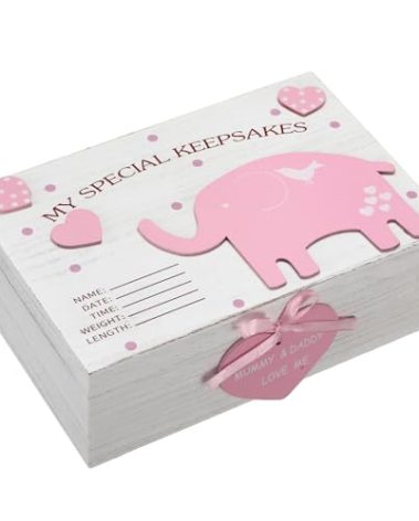 Soaoo 3D Wooden Baby Boys Memories Keepsake Box Baby Girls Elephant First Keepsake Box New Parent Newborn Baptismal Birthday Gift for Mementos 11.81'' x 7.87'' x 3.94''(Pink)