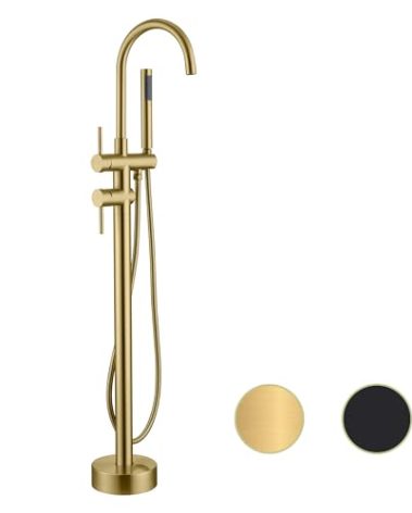 Freestanding Tub Faucet Floor Mount Tub Fillers, Senhozi Brushed Gold Free Standing Tub Faucets, Mixer Tap Two Handle Gold Freestanding Bathtub Faucet with Hand Shower, SE-3001-BG