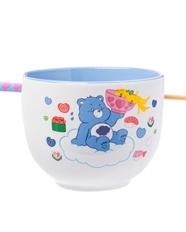 Silver Buffalo Care Bears Food Sushi Ceramic Ramen Noodle Rice Bowl with Chopsticks, Microwave Safe, 20 Ounces