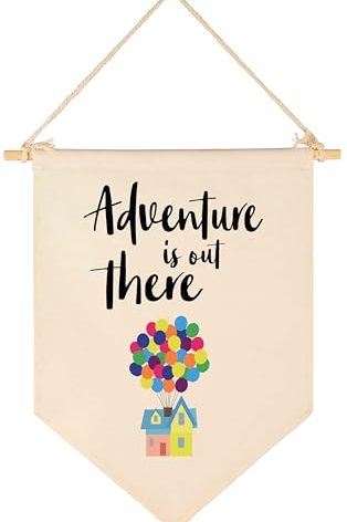 Adventure Is Out There -Canvas Hanging Flag Banner Wall Sign Decor Gift for Baby Kids Girl Boy Nursery Teen Room Front Door - Hydrogen Balloon, Travel Around the World