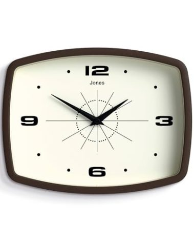 JONES CLOCKS® Movie Wall Clock | Rectangular Retro Clock | 10 inch | Mocha Brown | Cool mid-Century Designer Look for Kitchen, Living Room or Office