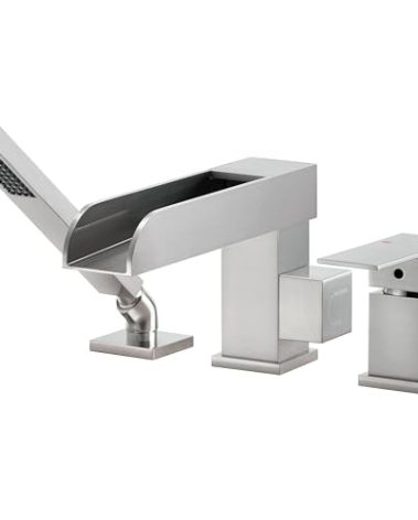 RIGOBAL High Flow Deck Mount Tub Faucet with Sprayer Brushed Nickel Waterfall Bathtub Filler Faucets Brass with Hand Shower LLGG