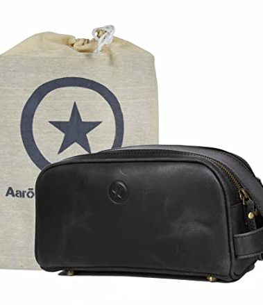 10" Premium Leather Toiletry Travel Pouch With Waterproof Lining Black Color | King-Size Handcrafted Vintage Shaving Kit By Aaron Leather Goods (Florida Black)