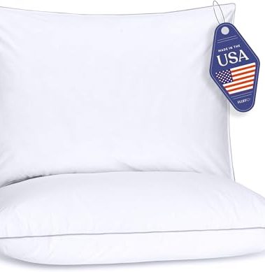 FluffCo Down Alternative Pillows Standard/Queen Size Set of 2 - Queen Bed Pillows for Sleeping - Made in USA - Cooling Surface and Machine Washable for Side, Back, and Stomach Sleepers - Gift for Home