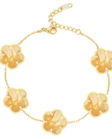 Galeuneon 18K Gold Plated Clover Bracelet |Adjustable Bracelets| Lucky Flower Cute Link Bracelets Jewelry Gifts for Women(Yellow)