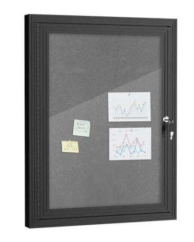Mifuro 26"x20" Enclosed Bulletin Board, Outdoor Lockable Weather-Resistant Aluminum Cork Noticeboard for School & Office, Black Frame w/Grey Flet