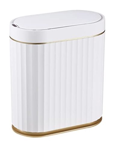 ELPHECO Automatic Motion Sensor Trash Can - 2 Gallon Slimline for Bathroom, Bedroom, Kitchen, Office - White with Gold Trim