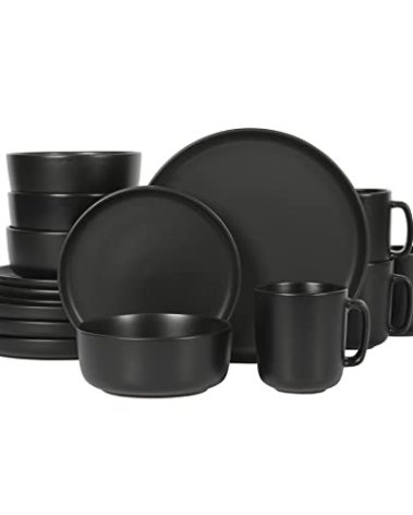 Gibson Home Zuma Stoneware Plates, Bowls, & Mugs Dinnerware Set - Matte Black, Service for Four (16pcs)